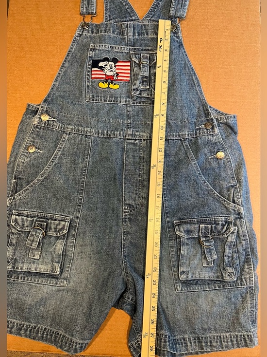 Vintage 90’s Disney Denim Mickey Mouse Overalls Jean Short USA Romper SZ Large - Picture 8 of 15